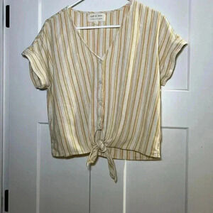 Cloth & Stone Shirt Women Size Medium Mustard Striped Button Linen Blend Cropped